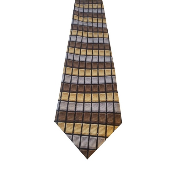 Bijoux Terner Mens Handmade Silk Neck Tie Brown Gold Silver Geometric Work Daily - Picture 1 of 12